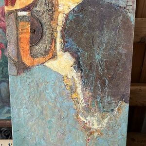 Abstract Textured Oil Art in Blue and Brown Cold Wax 14x10” on Wood